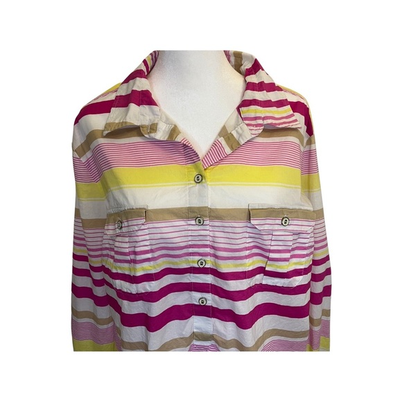 New York & Company Pink Yellow Stripe Button Down Women Blouse Top Size XL - Picture 2 of 11